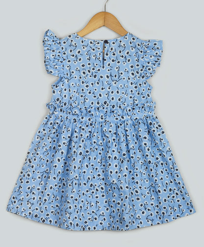 BLUE DITSY FLORAL PRINT DRESS WITH PLEATS AT FRONT WAIST