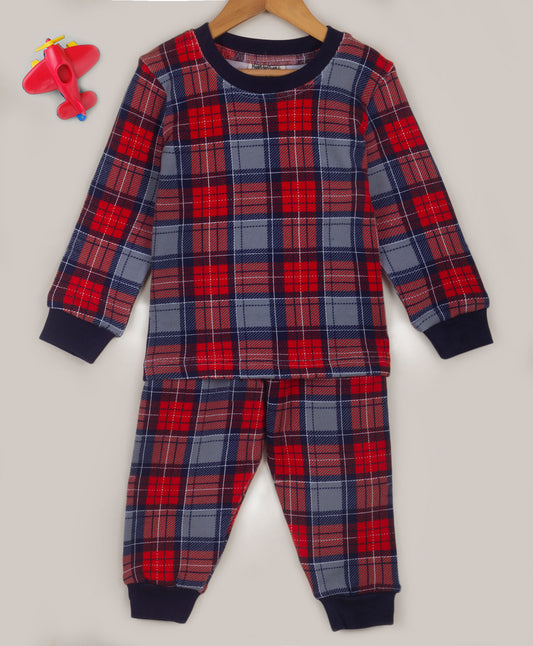 Navy and red plaid print tracksuit