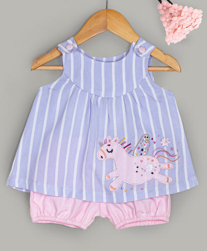 Stripe print top with unicorn embroidery patch and light pink shorts
