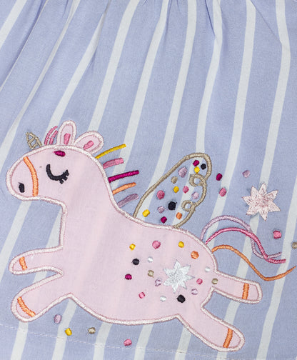 Stripe print top with unicorn embroidery patch and light pink shorts