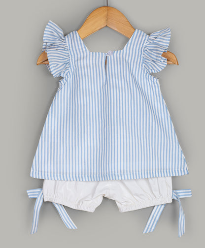BLUE STRIPE TOP AND SHORTS SET WITH WHALE EMBROIDERY PATCH