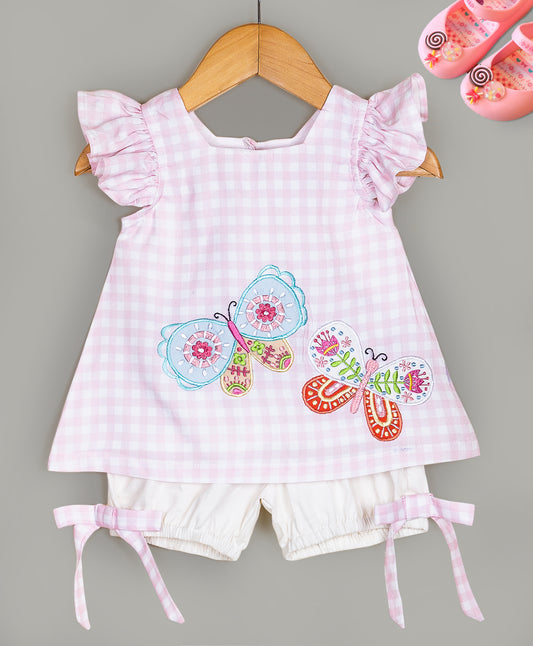 Pink check print infant set with white shorts