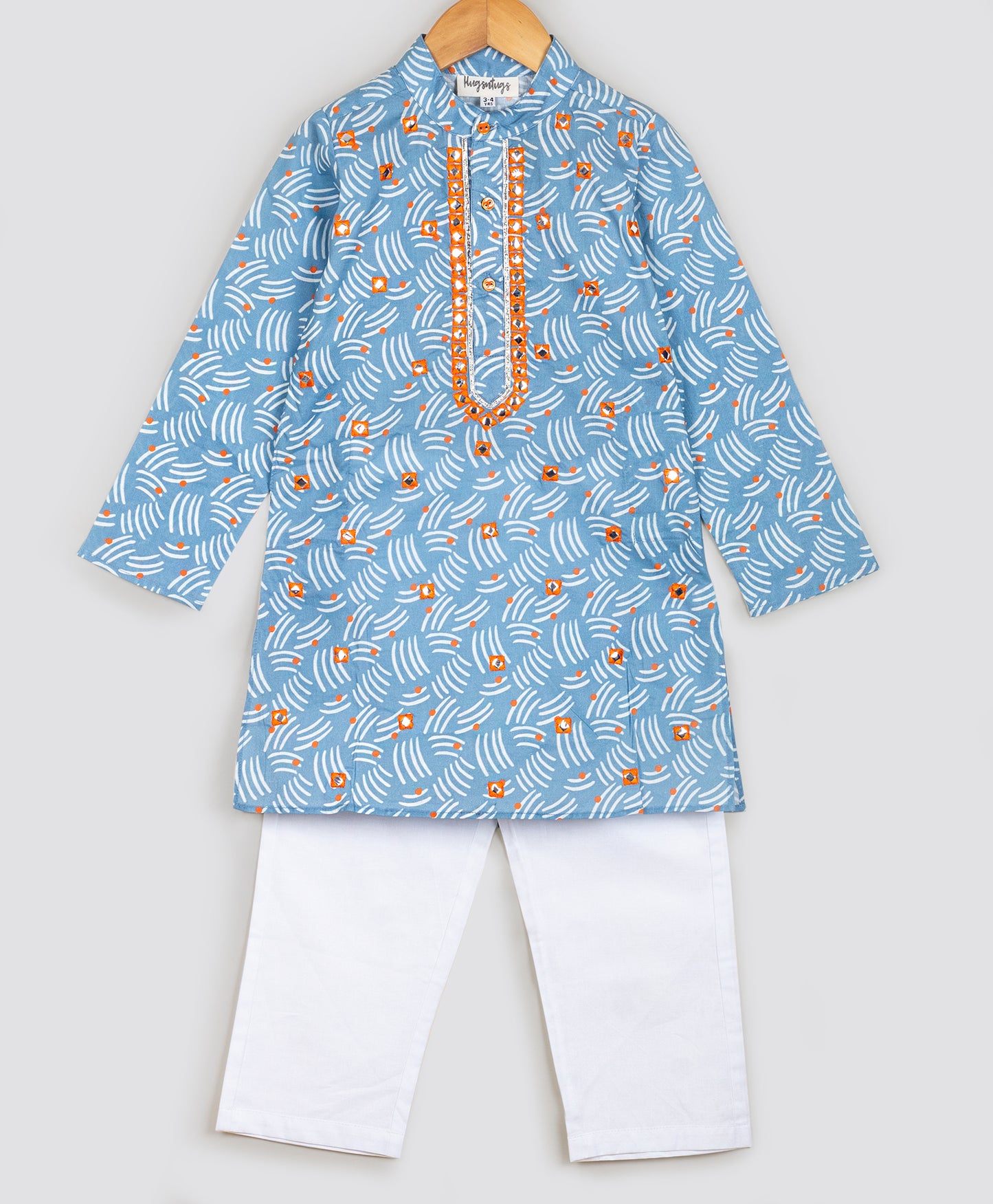 BLUE ABSTRACT PRINT KURTA WITH CONTRAST MIRROR WORK