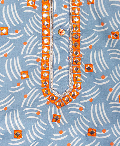 BLUE ABSTRACT PRINT KURTA WITH CONTRAST MIRROR WORK