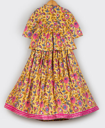 YELLOW AND PINK FLORAL PRINTED LEHENGA SET