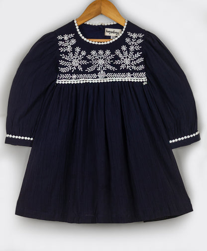 SOLID NAVY DRESS WITH ECRU EMBROIDERY AT YOKE AND SLEEVE END