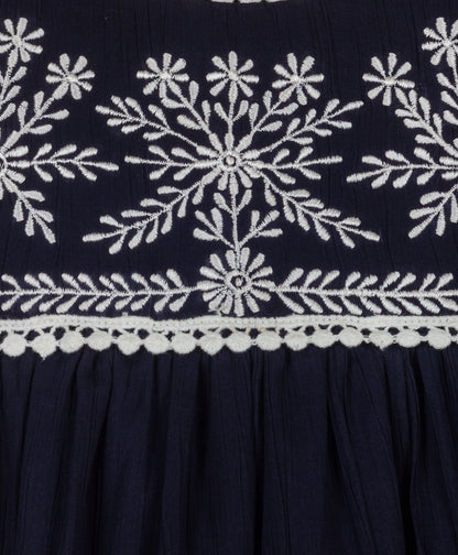 SOLID NAVY DRESS WITH ECRU EMBROIDERY AT YOKE AND SLEEVE END