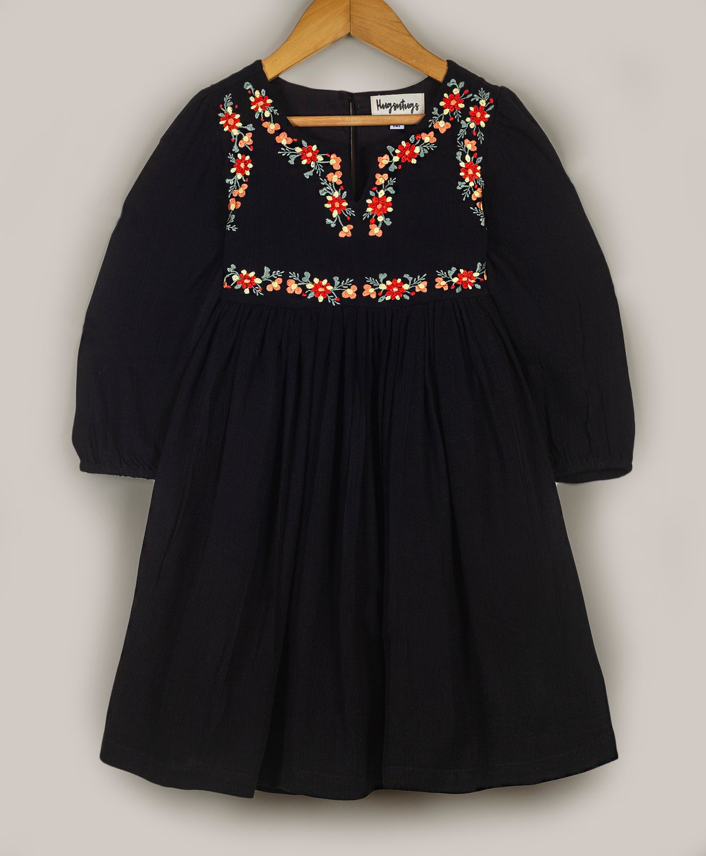 SOLID BLACK DRESS WITH MULTI COLOUR FLORAL EMBROIDERY