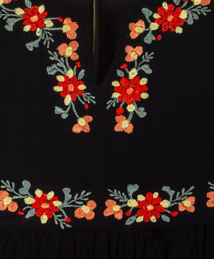 SOLID BLACK DRESS WITH MULTI COLOUR FLORAL EMBROIDERY