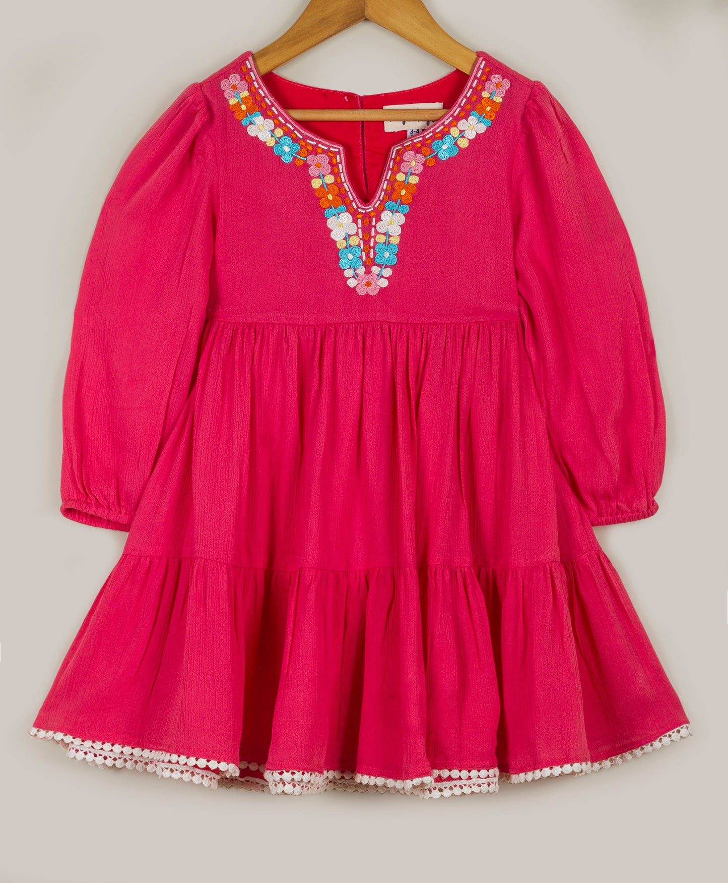 HOT PINK SOLID DRESS WITH MULTI FLORAL EMBROIDERY AT YOKE