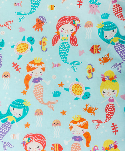 aqua mermaid  print AC quilt with pink striped star lining print