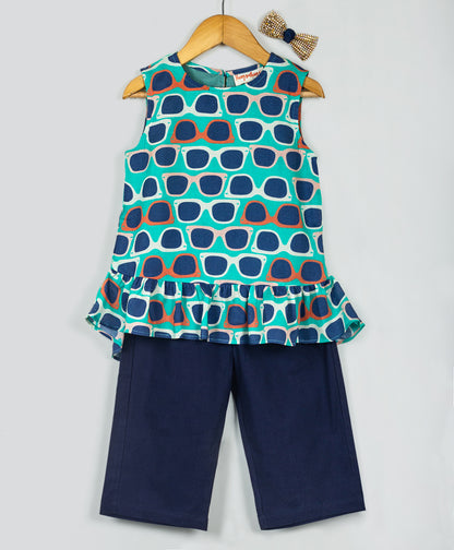 Sleeveless Sunglasses Print Top With Palazzo - Blue