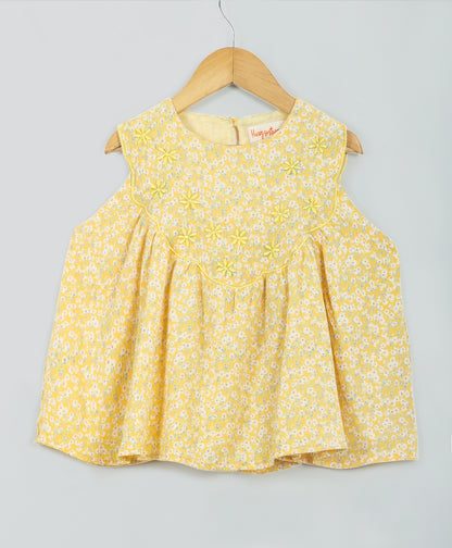 YELLOW DITSY FLORAL COORDINATE SET WITH EMBROIDERY AT YOKE