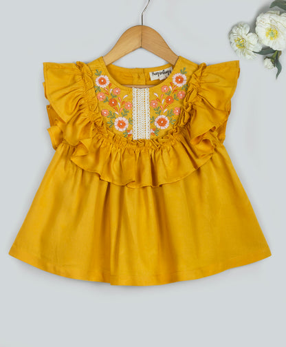 YELLOW SOLID TOP WITH EMBROIDERY AND LACE ON YOKE