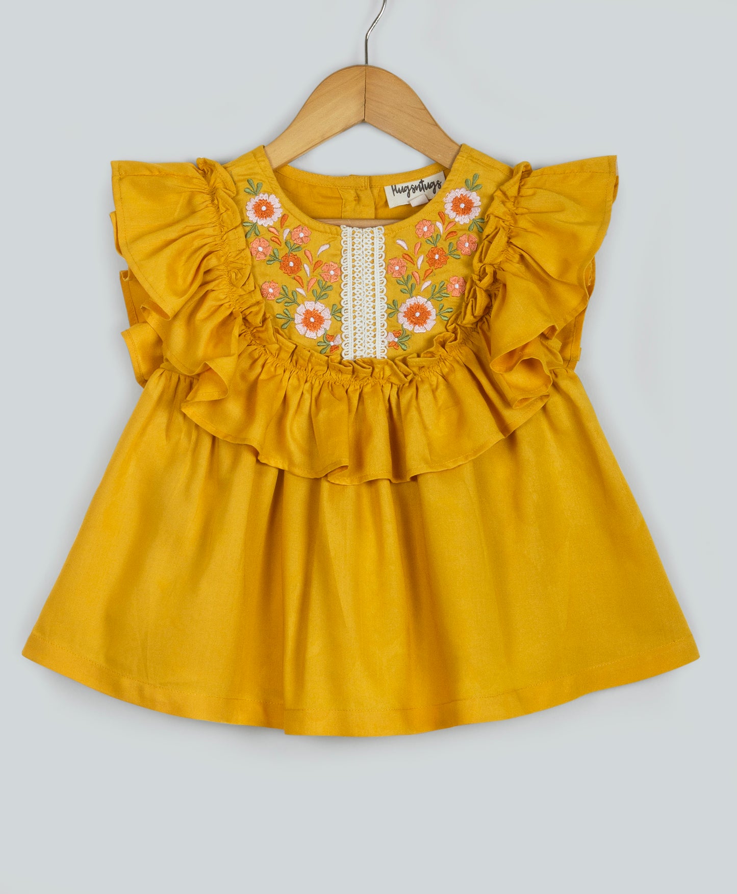 YELLOW SOLID TOP WITH EMBROIDERY AND LACE ON YOKE